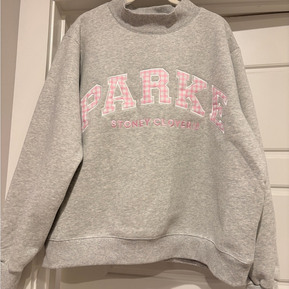 PARKE Stoney Clover Lane Gray Sweatshirt with Pink Gingham Lettering